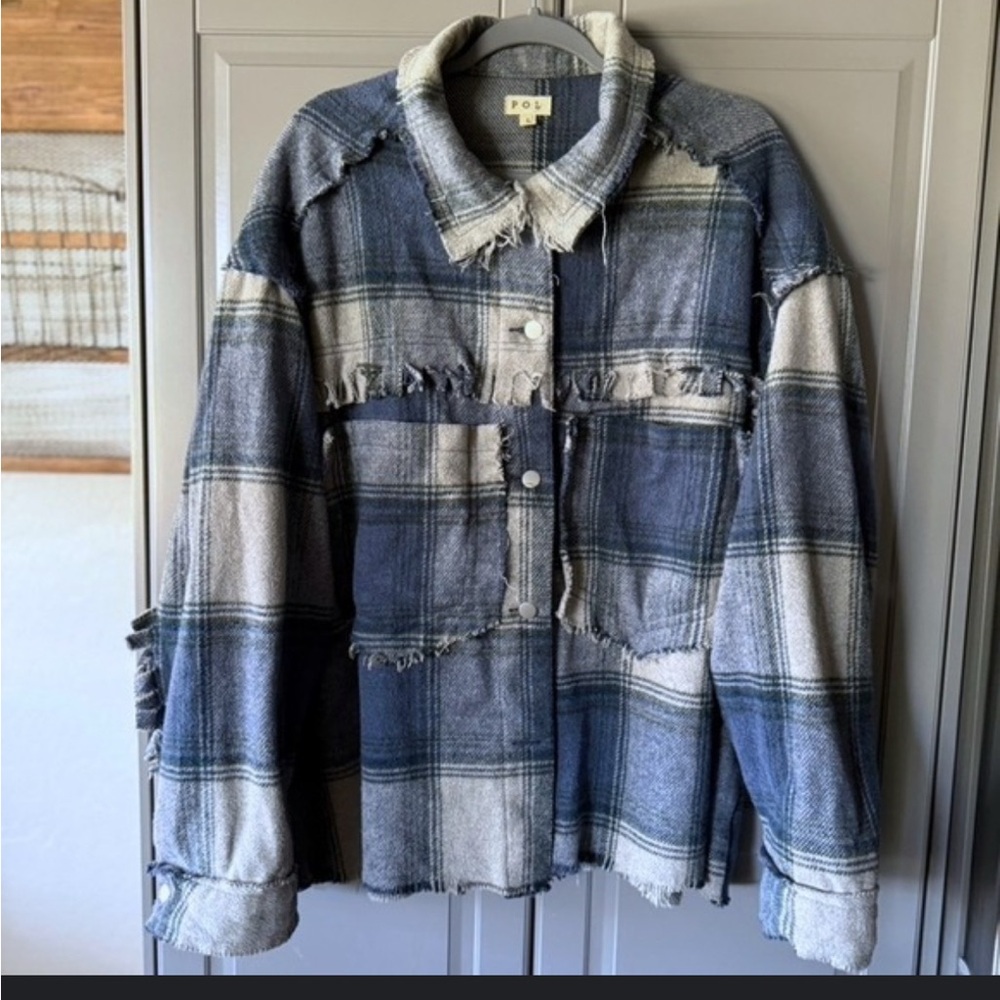 POL Distressed Blue Plaid Button Down Shirt with fringe